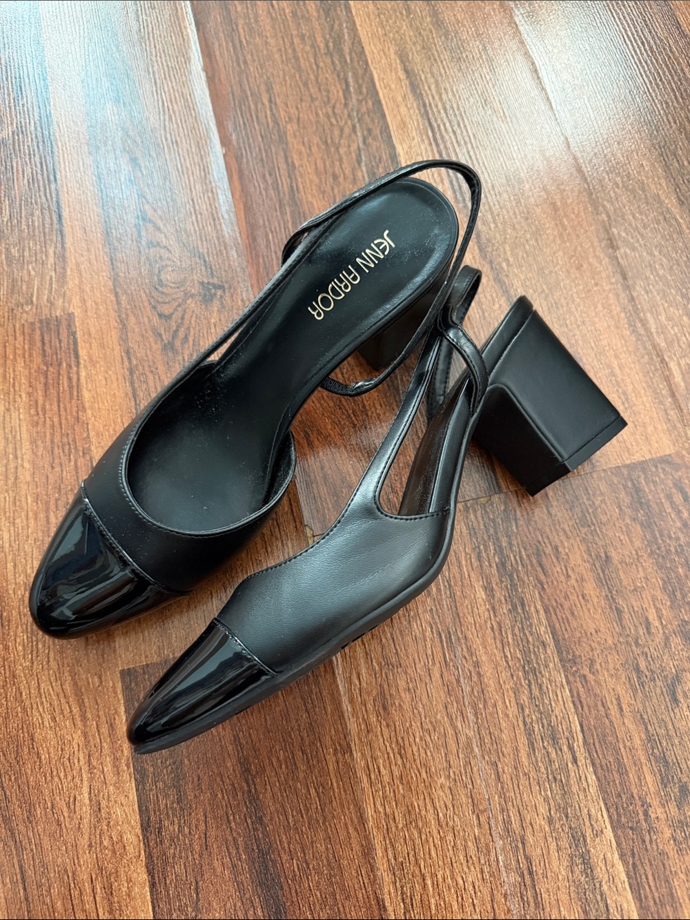 Jenn Ardor Black Patent Toe Slingback Block Heels